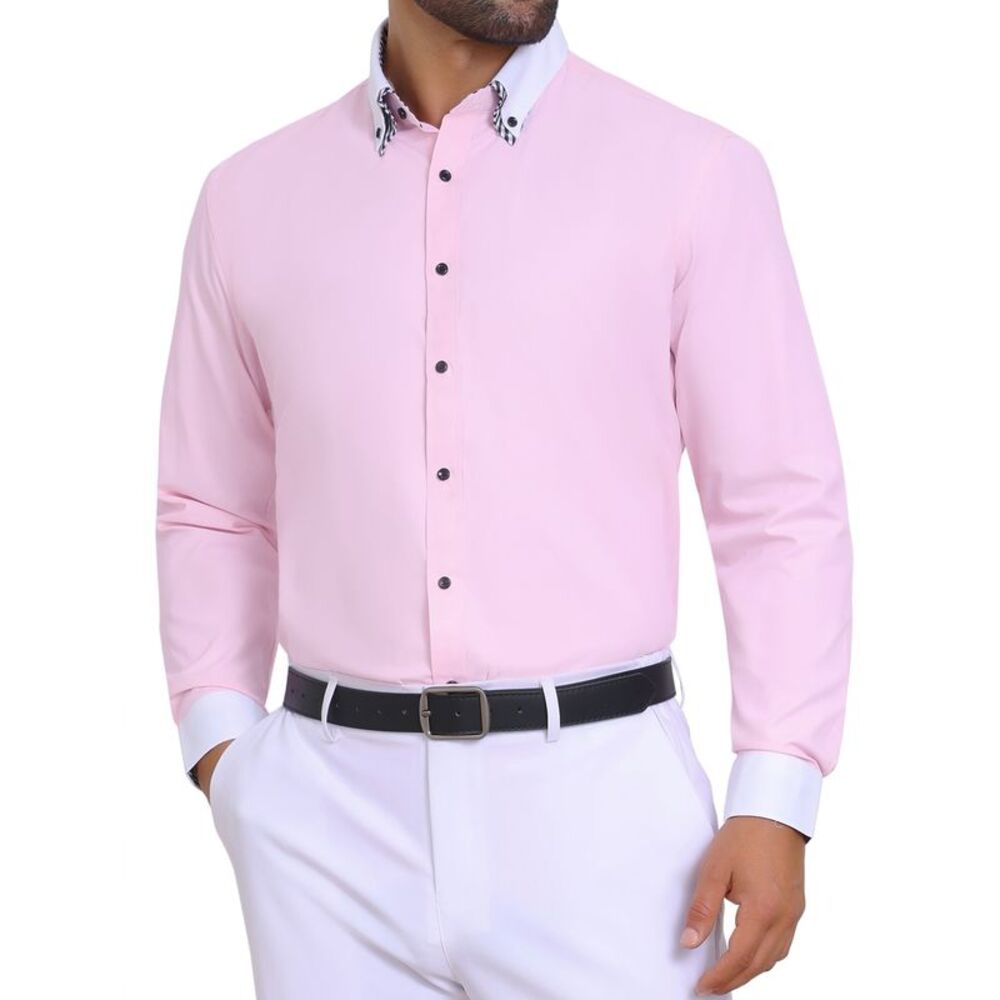 Contrasting Colors Collar Long Sleeve Formal Business Shirts Pink